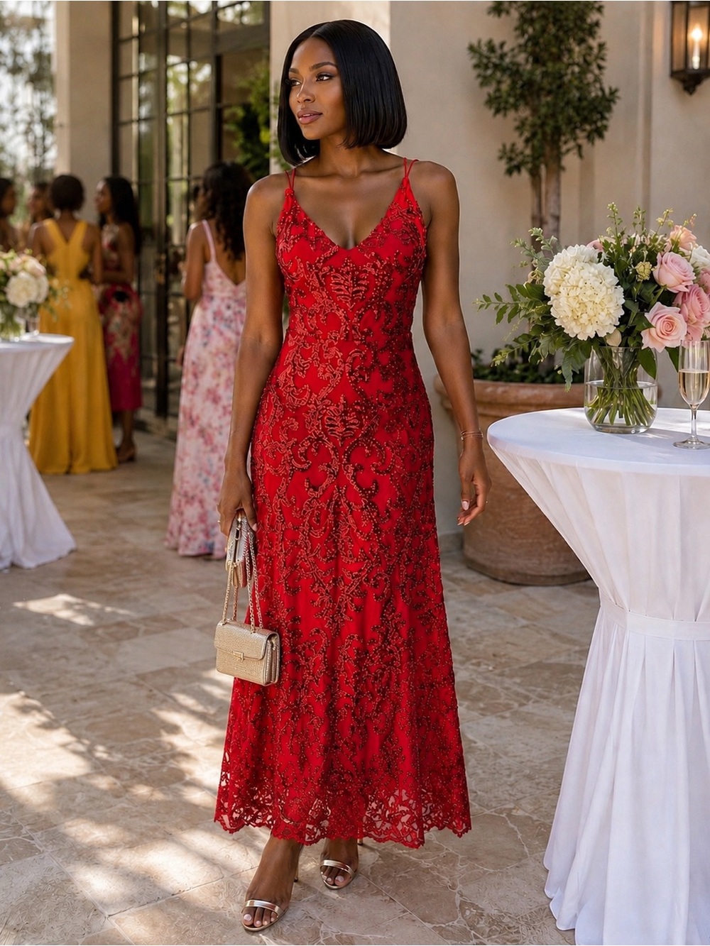 Red sequins pattern V-Neck Spaghetti Strap Evening Dress open back